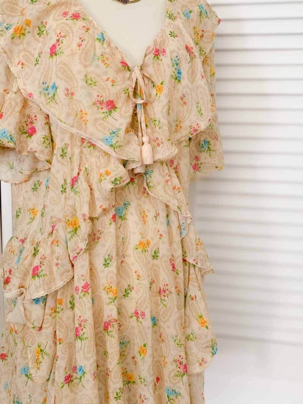 Spell Cream Floral Ruffle Dress with Tassel Tie